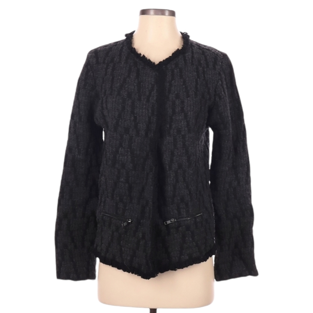 Ella Moss‎ Cardigan Sweater Size M Wool Open Front Fringe Gray Black